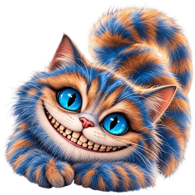 The Cheshire Cat with a wide grin among the mushrooms