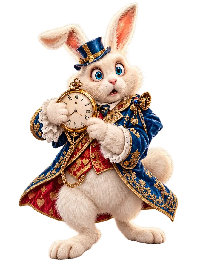 The White Rabbit in a waistcoat, holding his pocket watch