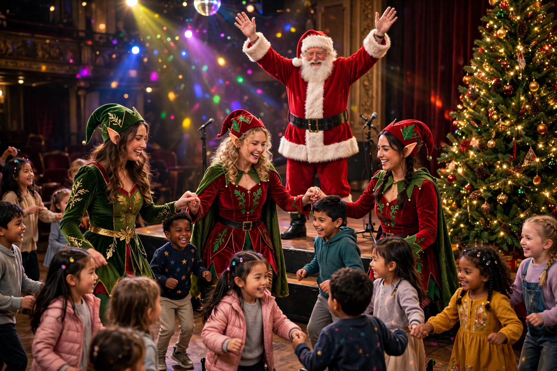 Santa with his arms raised, dancing with three elves and a circle of children under a disco ball, beside a tall Christmas tree